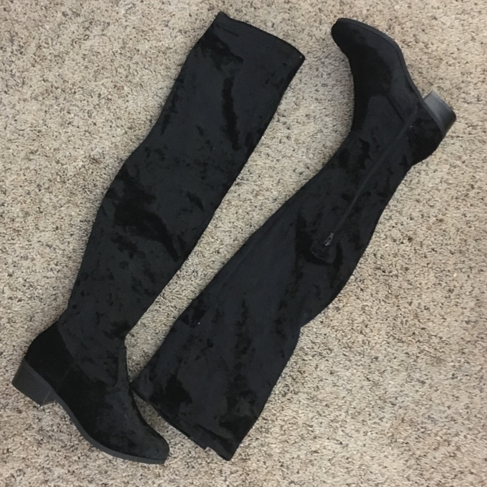 Black Crushed Velvet Over Knee Boots